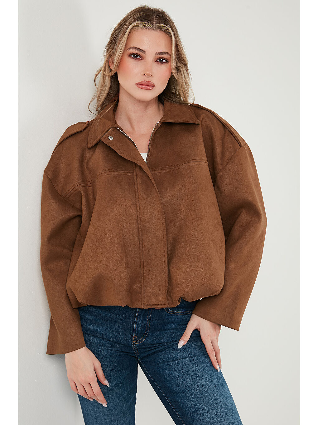 Kahverengi Oversize Fit Klasik Yaka Süet Dokulu Bomber Ceket Mont 6524932-4