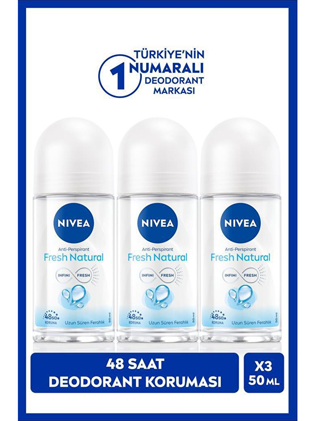 NIVEA Şeffaf Kadın Roll-on Deodorant Fresh Natural 50ml, 48 Saat Koruma, X3 Adet