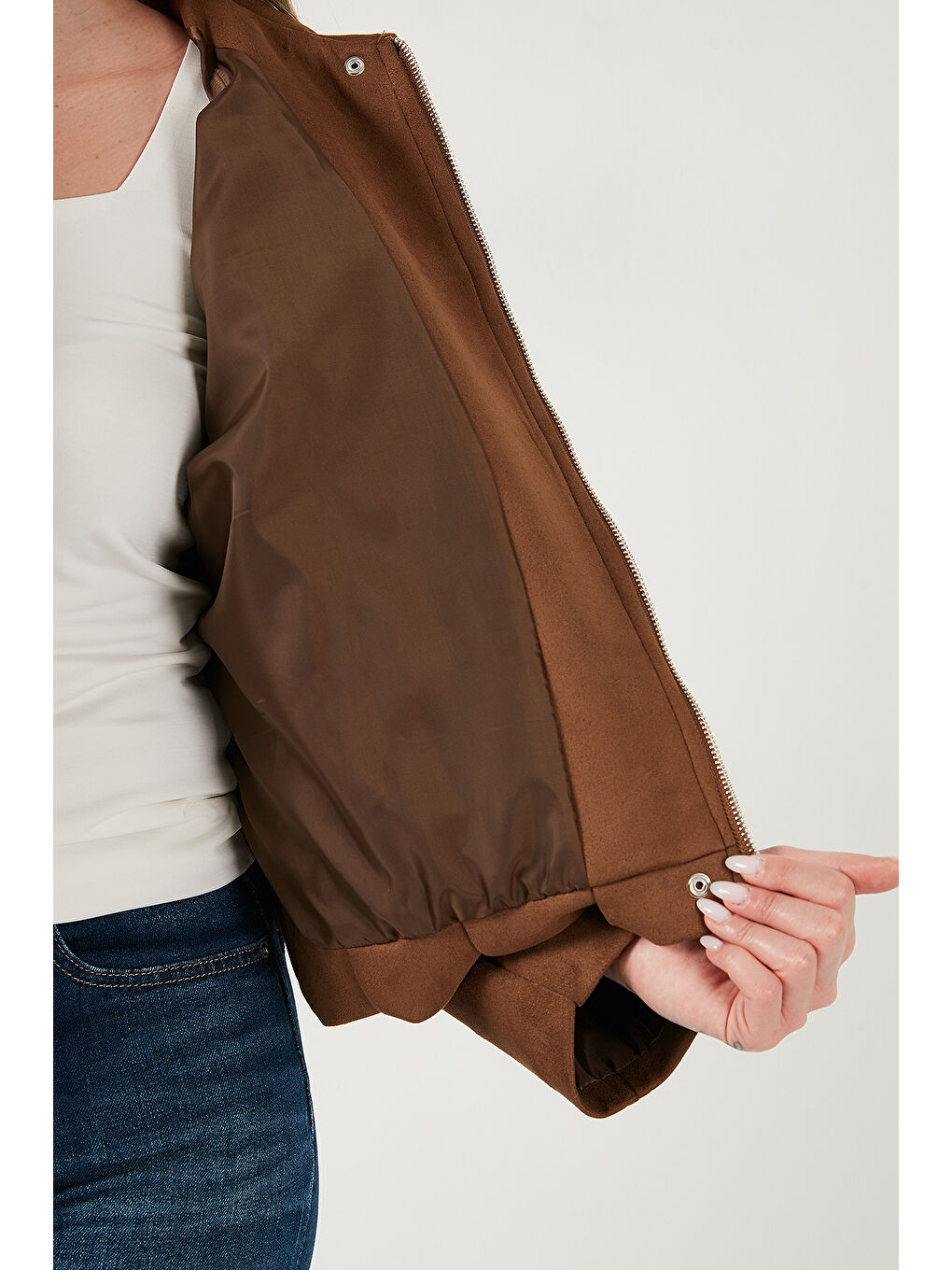 Kahverengi Oversize Fit Klasik Yaka Süet Dokulu Bomber Ceket Mont 6524932-5