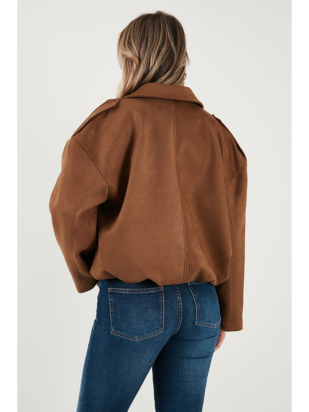 Kahverengi Oversize Fit Klasik Yaka Süet Dokulu Bomber Ceket Mont 6524932-6