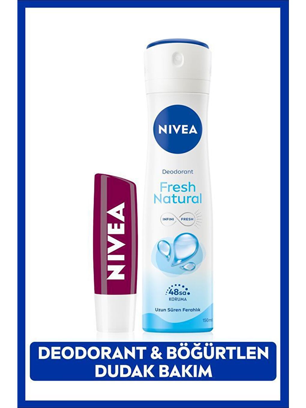 NIVEA Şeffaf Kadın Sprey Deodorant Fresh Natural 150ml 48 Saat Koruma ve Nemlendirici Böğürtlen Dudak Bakım Kremi