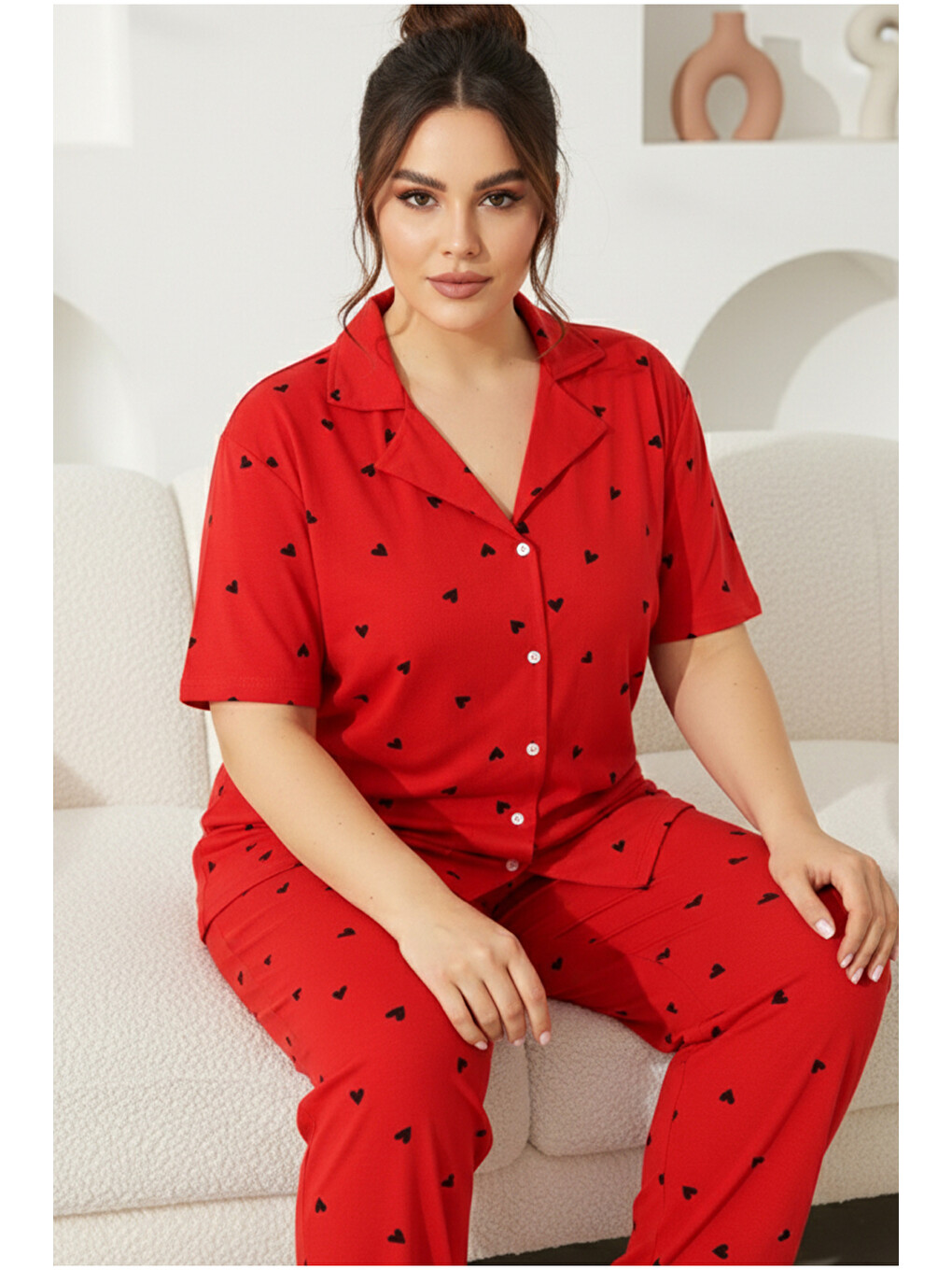 Kırmızı Curve Büyük Beden Battal Boy Kısa Kollu Düğmeli Pamuklu Pijama Takımı