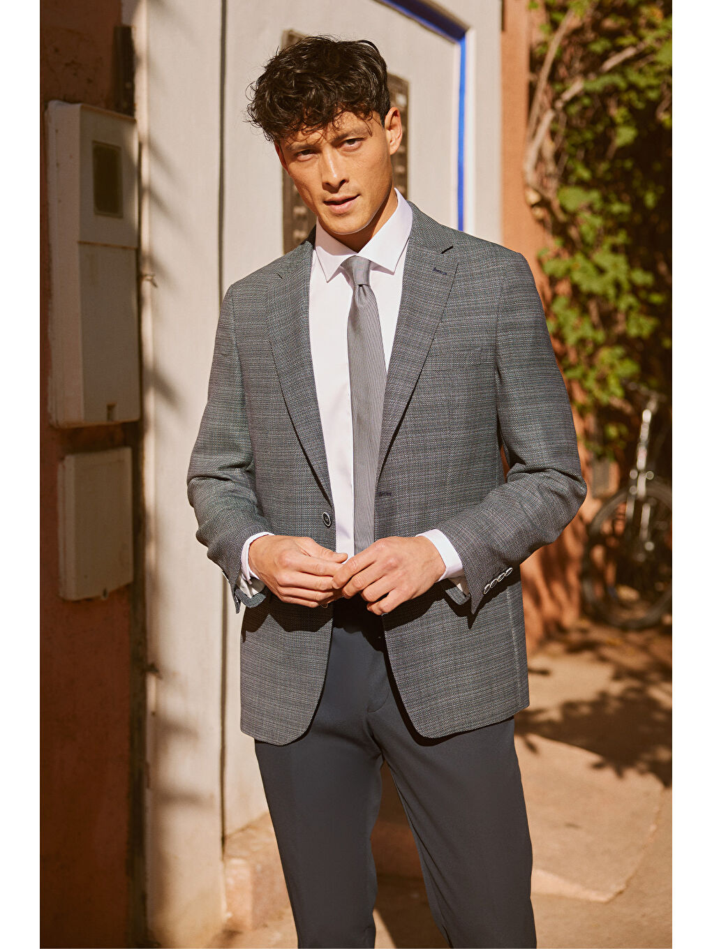 Erkek Lacivert Regular Fit Rahat Kesim Mono Yaka Yünlü Desenli Ceket