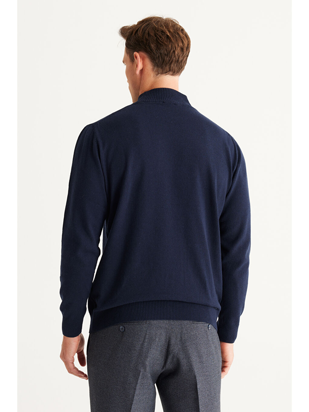 Erkek Lacivert Standart Fit Normal Kesim Yarım Balıkçı Yaka Pamuklu Triko-5