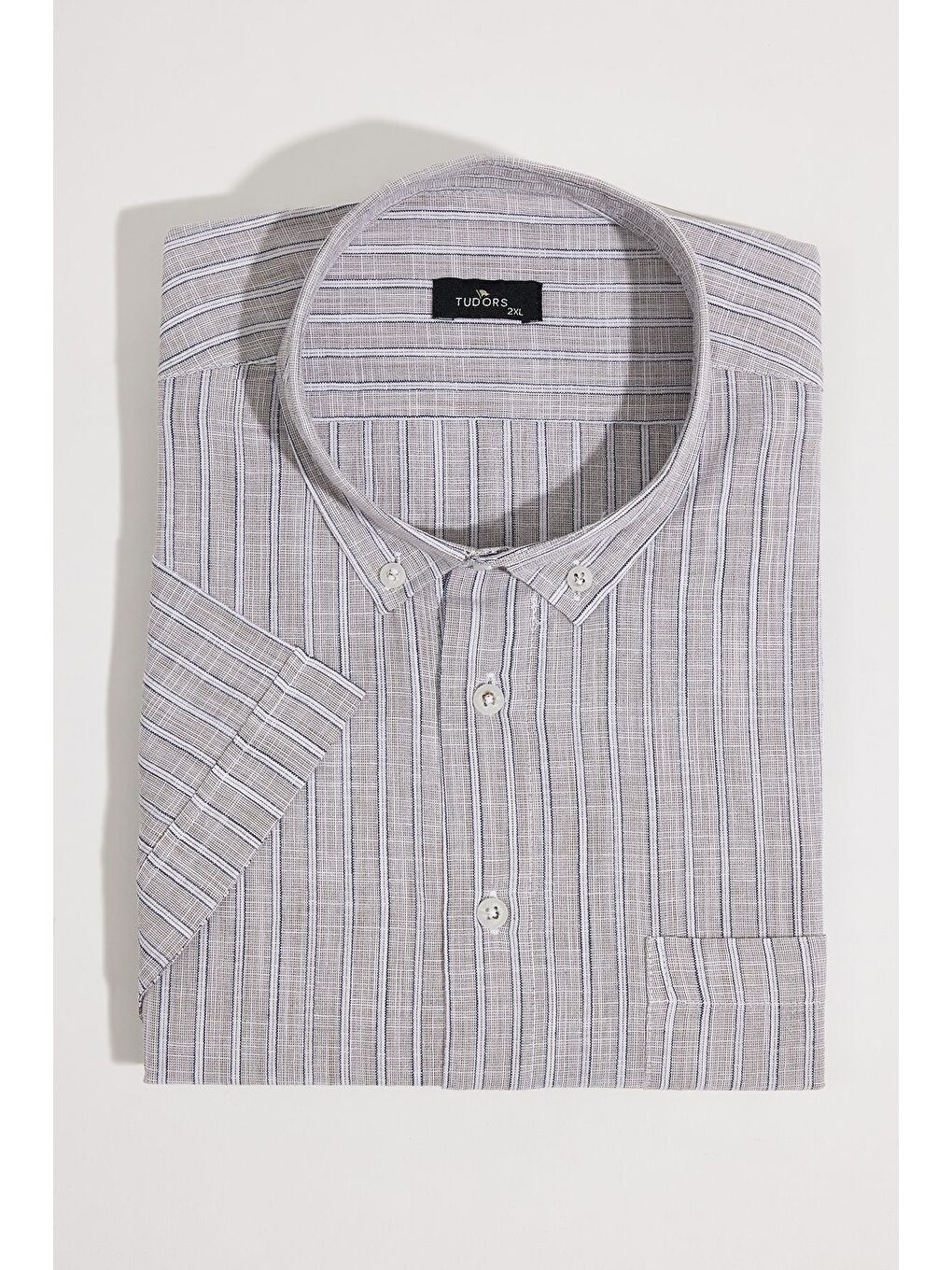 Karışık Erkek Big Size Büyük Beden %100 Pamuk Düğmeli Yaka Keten Doku Cepli Çizgili Lacivert Gömlek