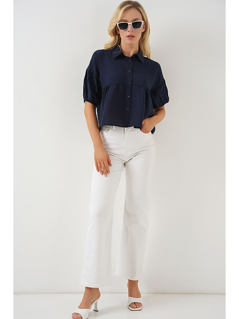 Kadın Kısa Kol Crop Gömlek 20335 - Lacivert-1