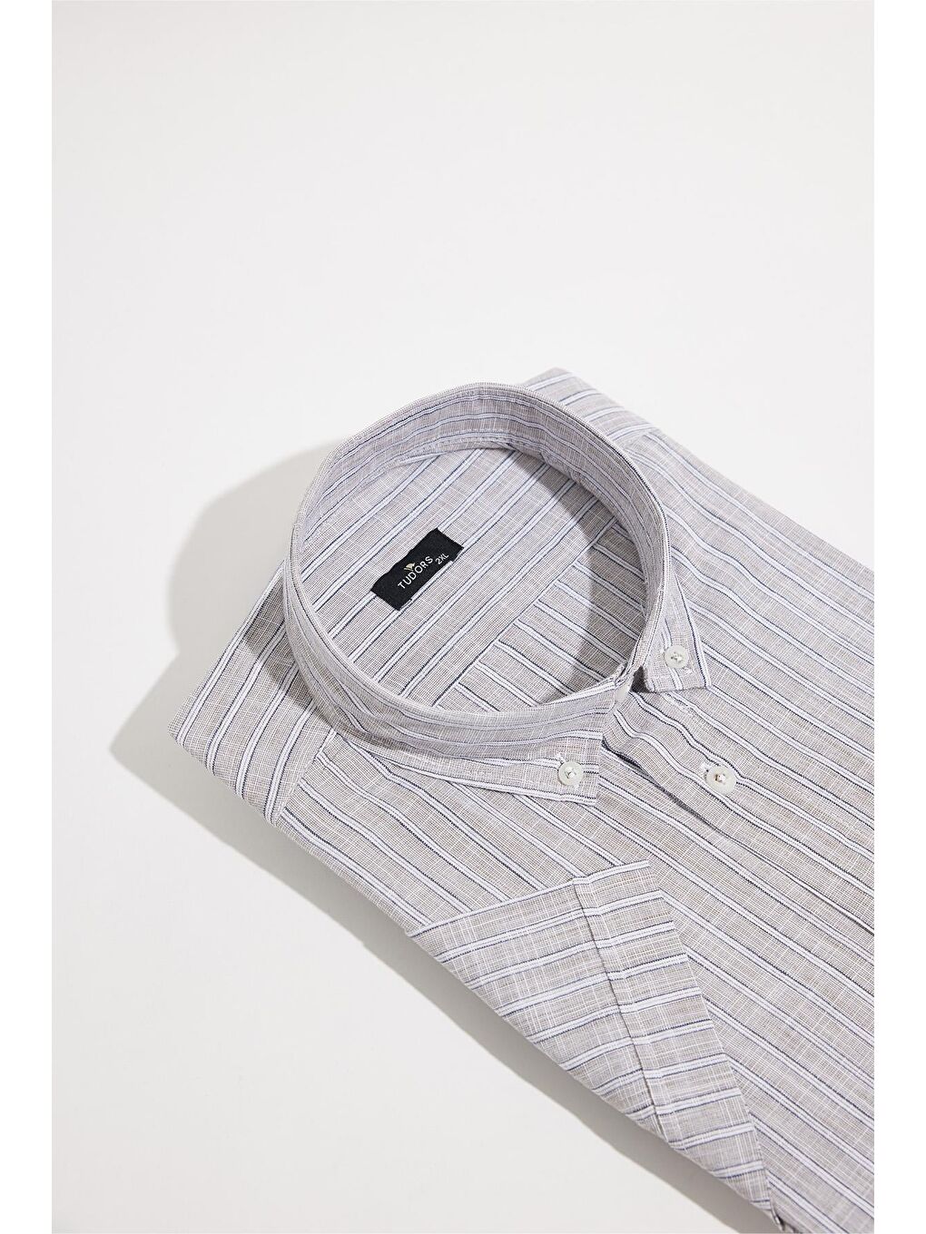 Karışık Erkek Big Size Büyük Beden %100 Pamuk Düğmeli Yaka Keten Doku Cepli Çizgili Lacivert Gömlek-1