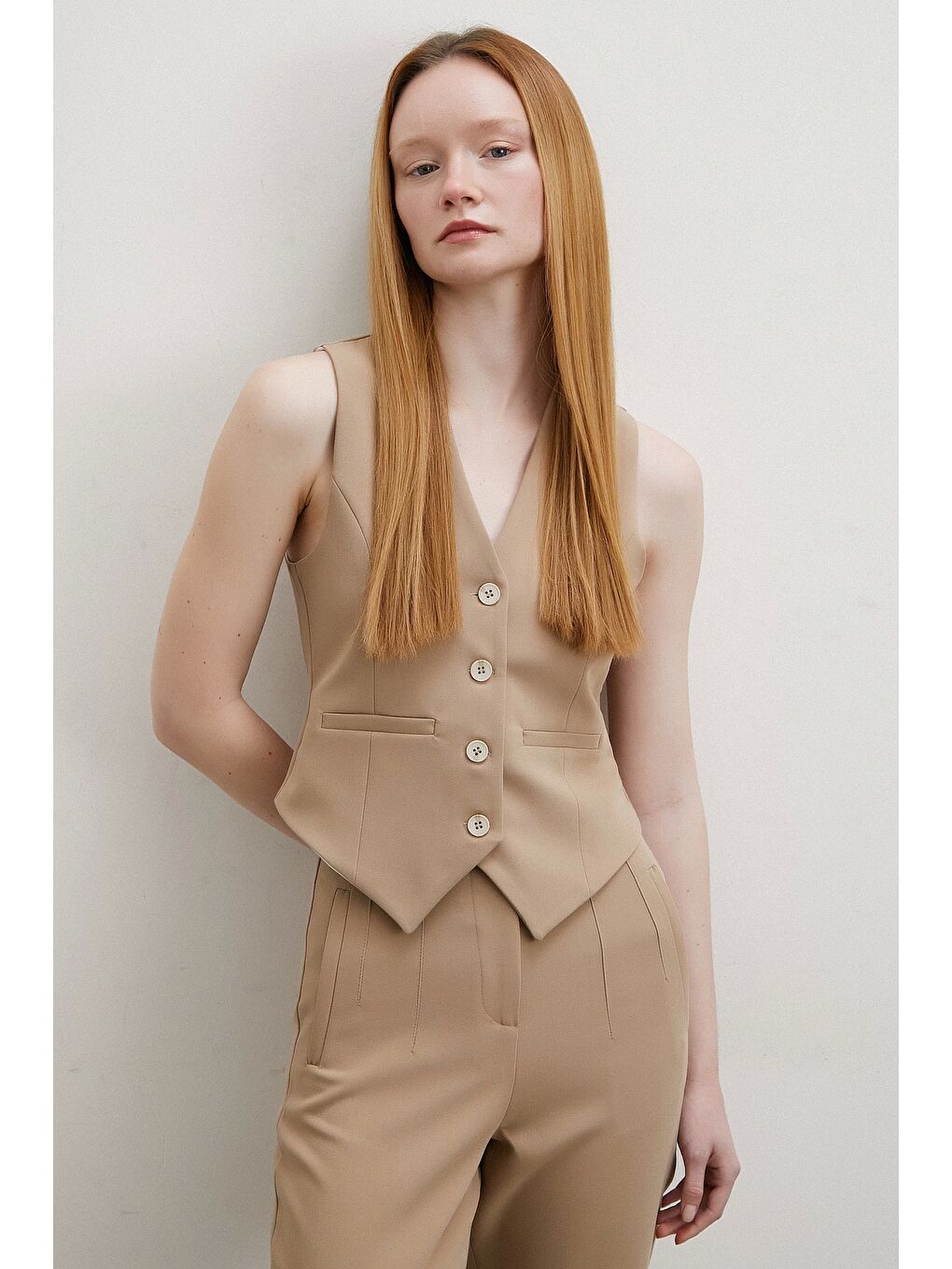 Bej Astarlı Kuplu Yelek Vizon-3