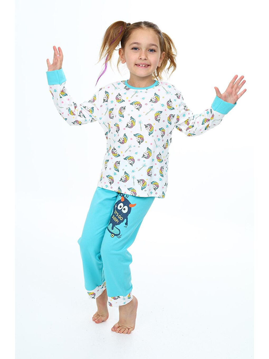 EFTELYA Turkuaz Kız Çocuk Unicorn Baskılı Pijama Takımı 3-11 Yaş 0159