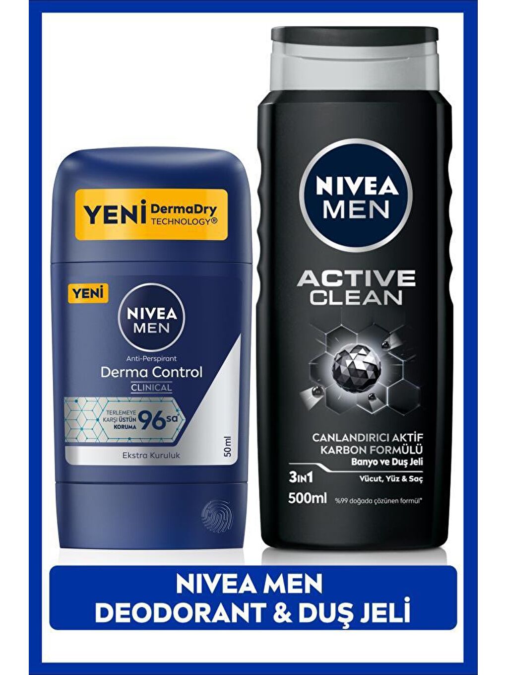 NIVEA MEN Erkek Stick Deodorant Derma Control Clinical 50ml ve MEN Active Clean Erkek Duş Jeli 500ml