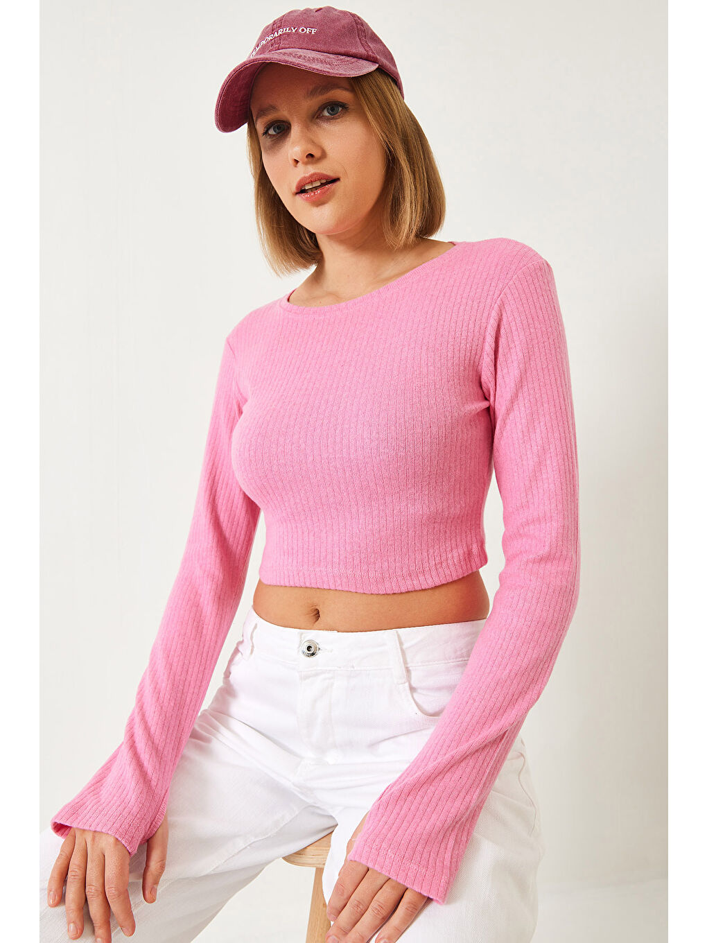 Pembe Kadın Parmak Geçirmeli Fitilli Bluz-1