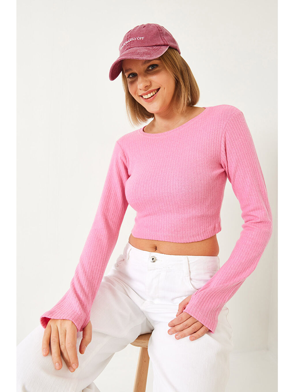 Pembe Kadın Parmak Geçirmeli Fitilli Bluz-2