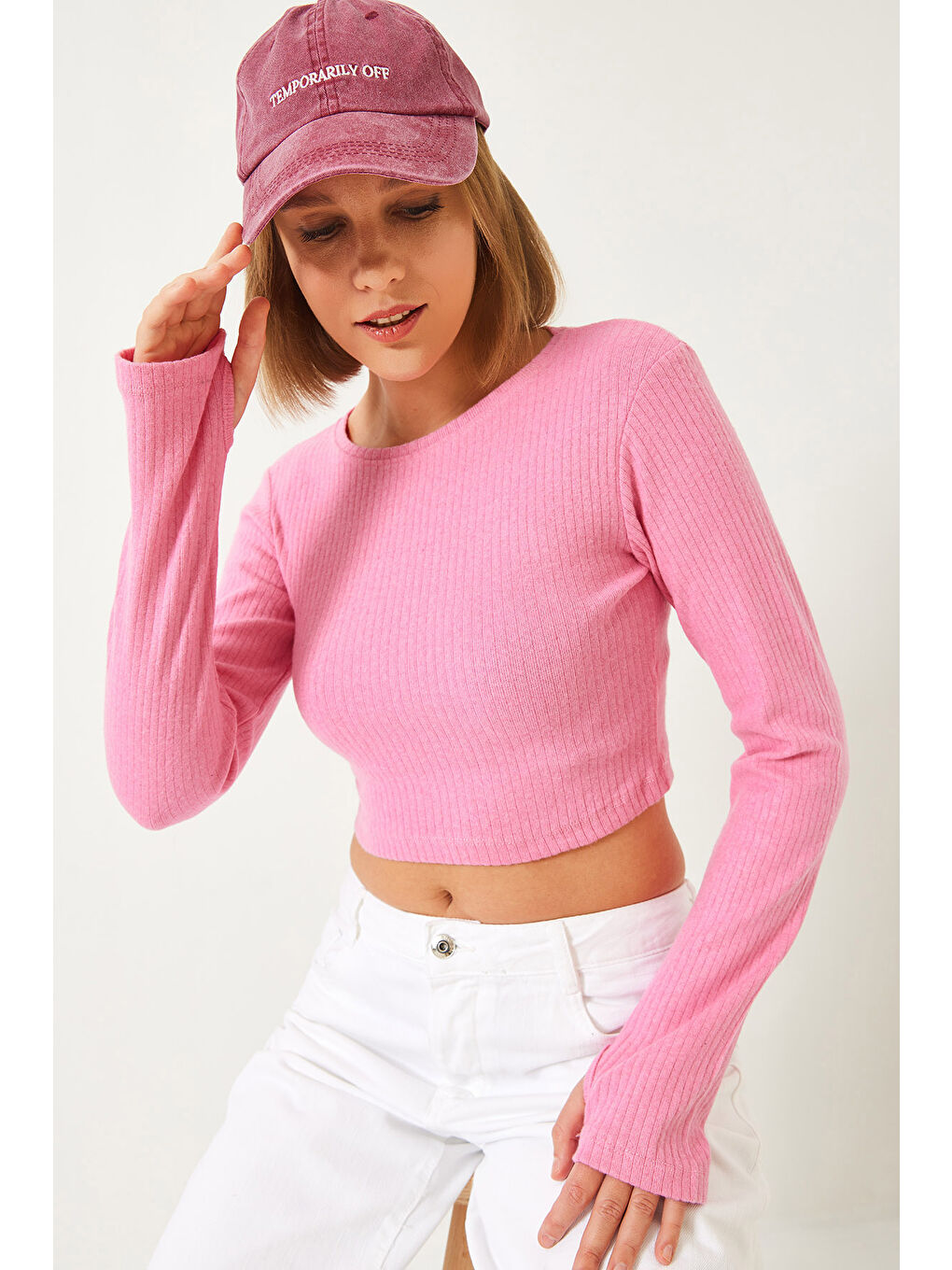 Pembe Kadın Parmak Geçirmeli Fitilli Bluz-3