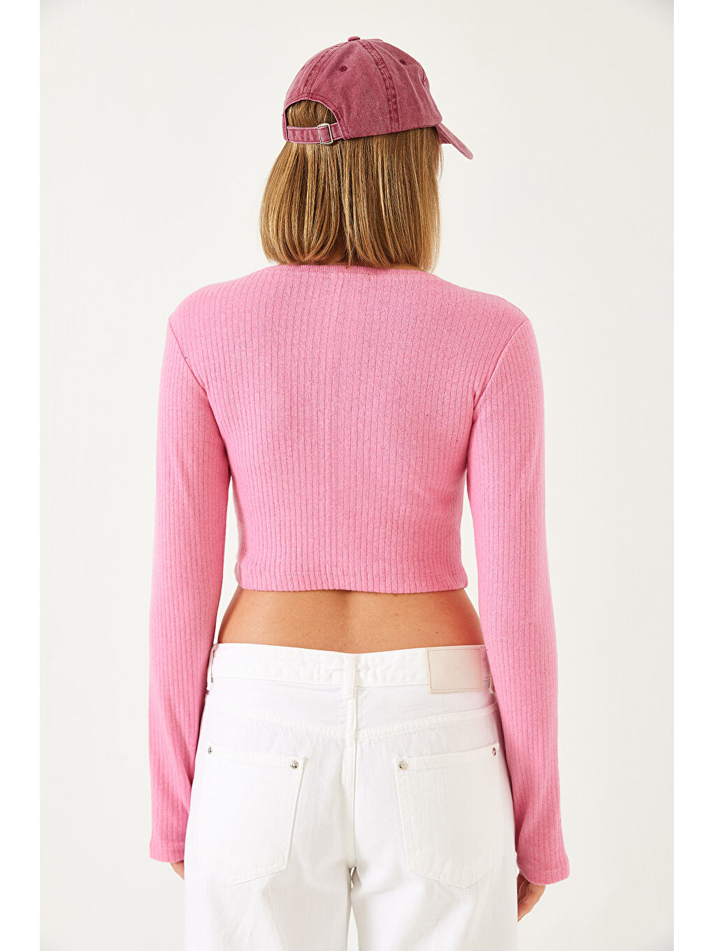 Pembe Kadın Parmak Geçirmeli Fitilli Bluz-5