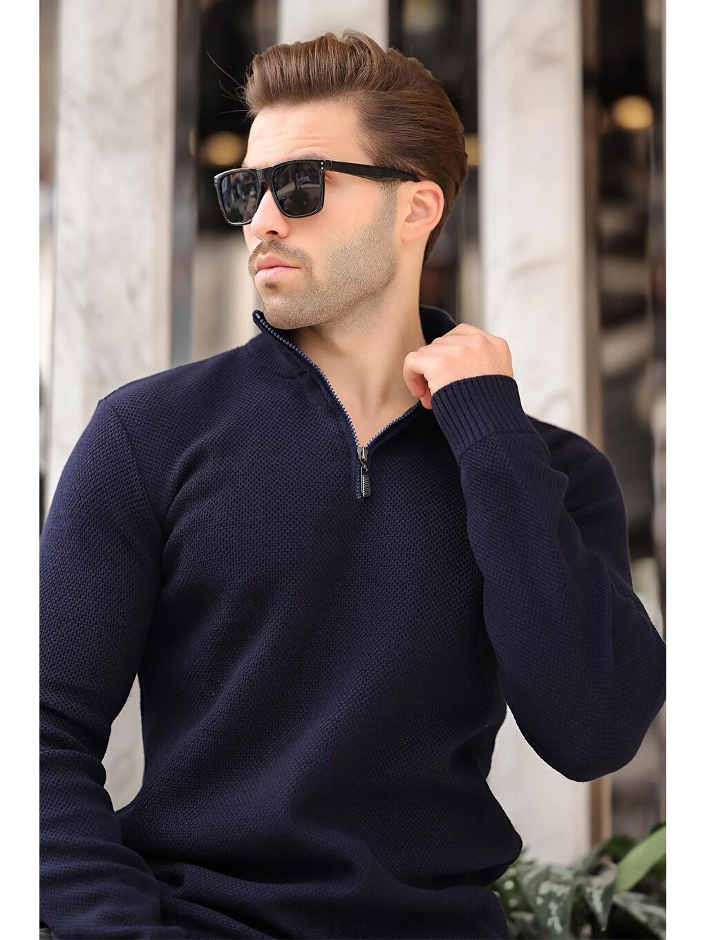 Lacivert Fermuar Yaka Uzun Kollu Örme Kazak 7286-2