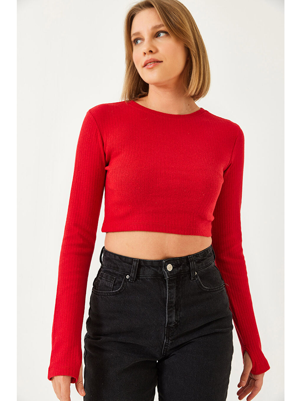 Kırmızı Kadın Parmak Geçirmeli Fitilli Bluz