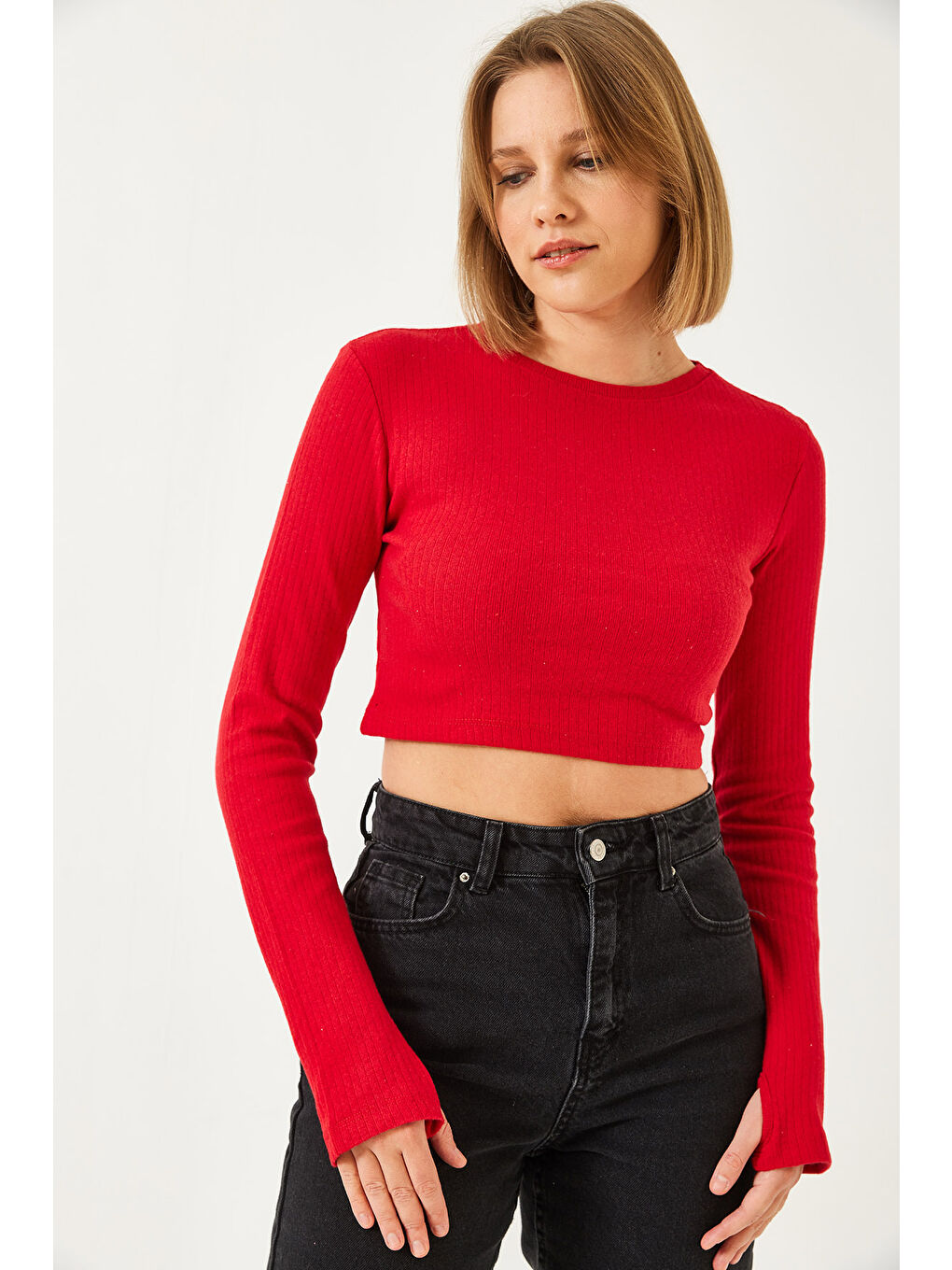 Kırmızı Kadın Parmak Geçirmeli Fitilli Bluz-2