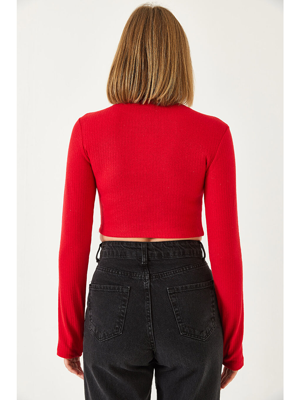 Kırmızı Kadın Parmak Geçirmeli Fitilli Bluz-5