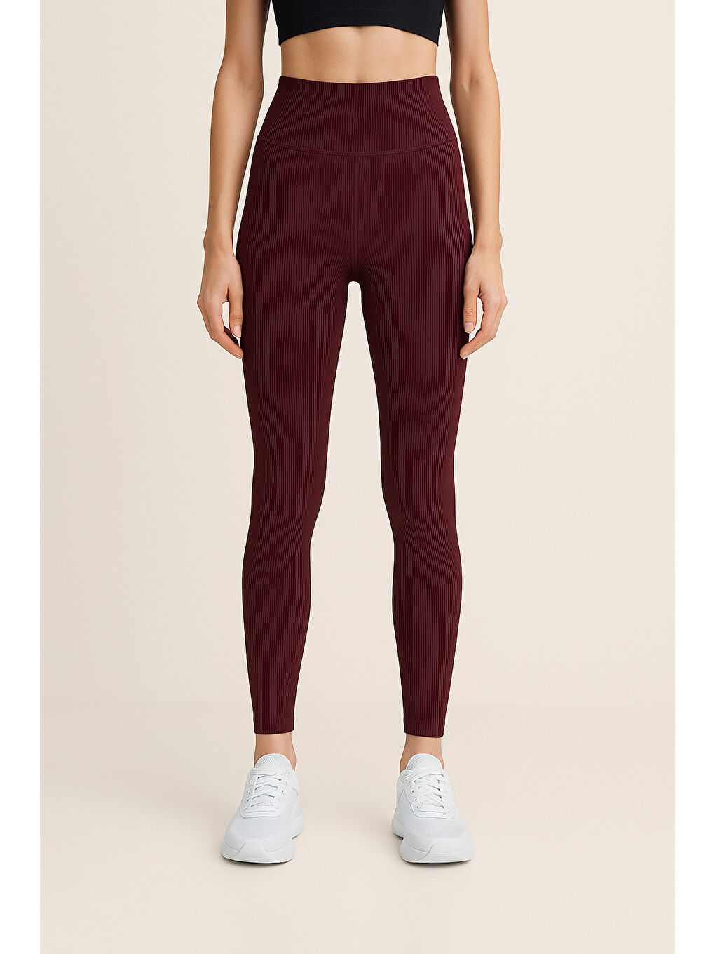 Bordo Yüksek Bel Toparlayıcı Ripli Fitilli Spor Kadın Tayt