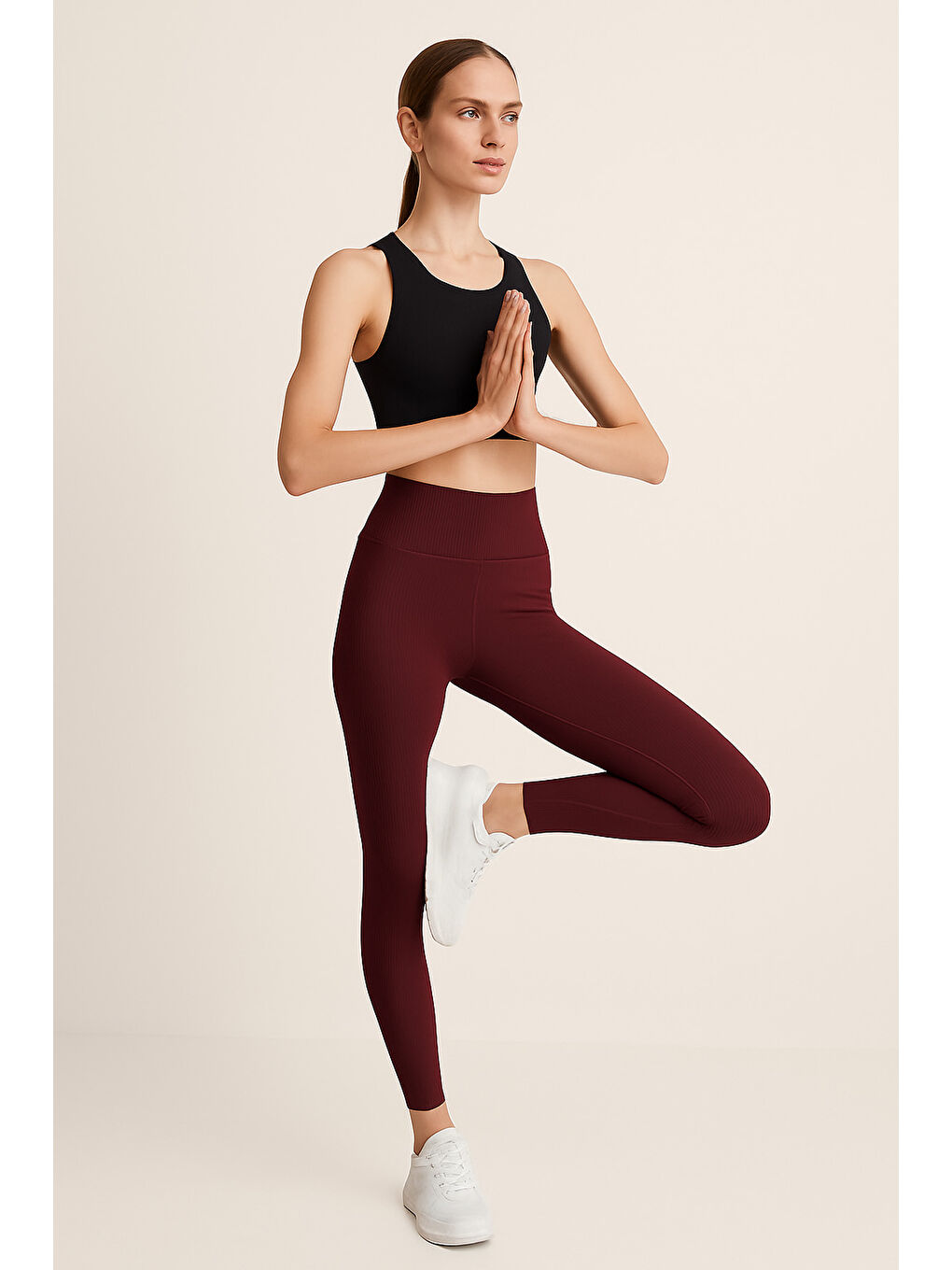 Bordo Yüksek Bel Toparlayıcı Ripli Fitilli Spor Kadın Tayt-2