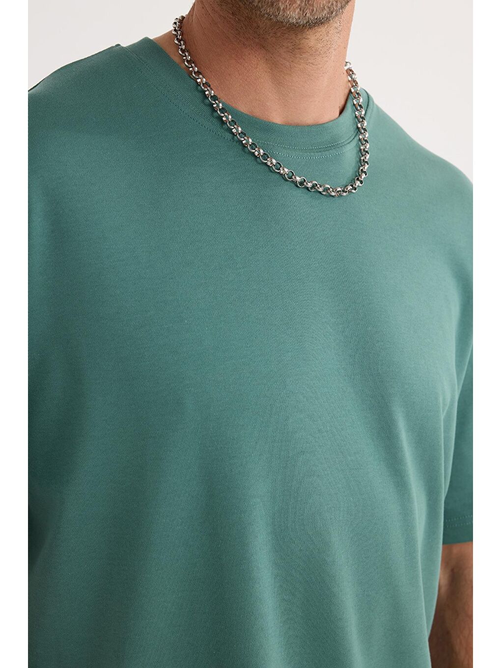 Unisex Oversize Geniş Kesim %100 Pamuk Yumuşak Dokulu Basic Bisiklet Yaka Yeşil Tişört-2