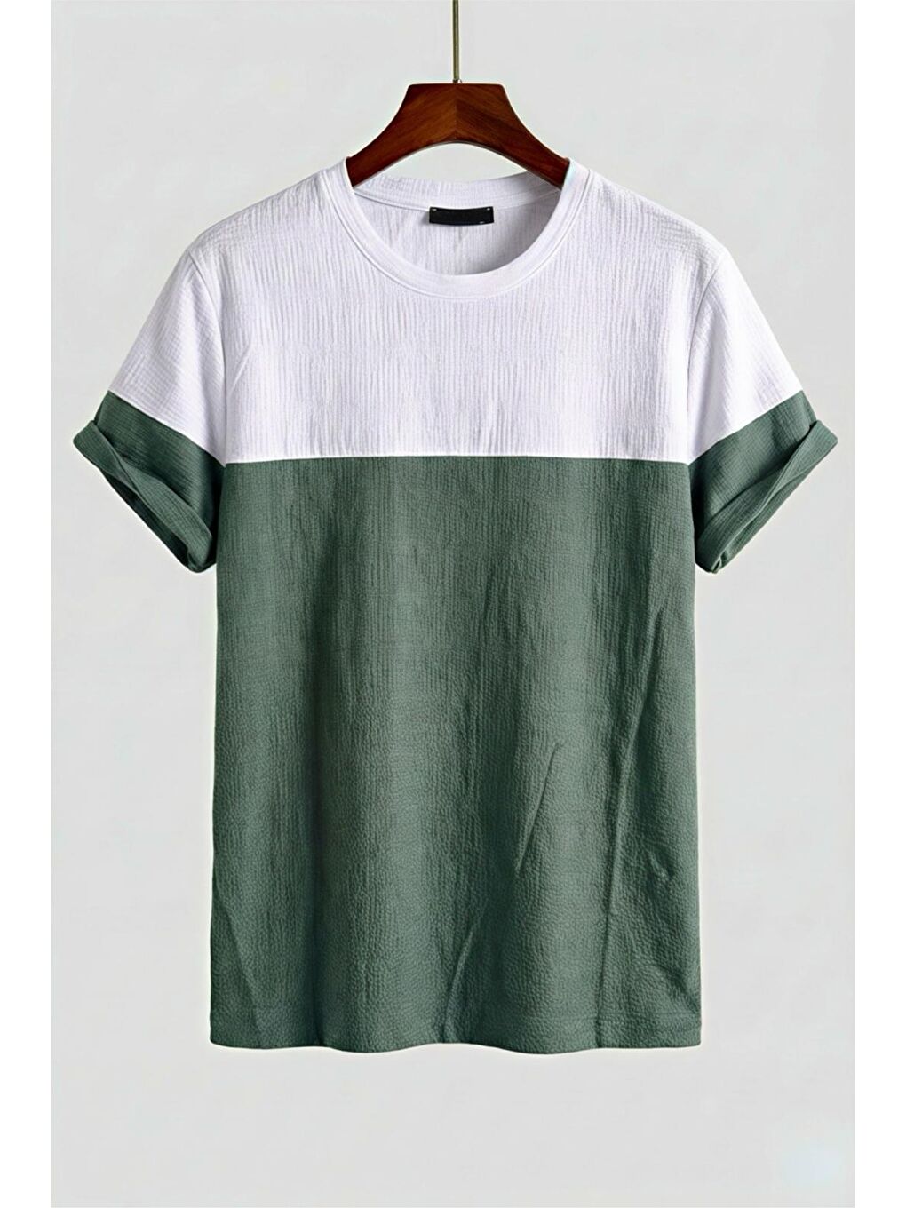 Yeşil Reka Jakar Dokulu Panel Detaylı Slim Fit Bisiklet Erkek Yaka Tişört