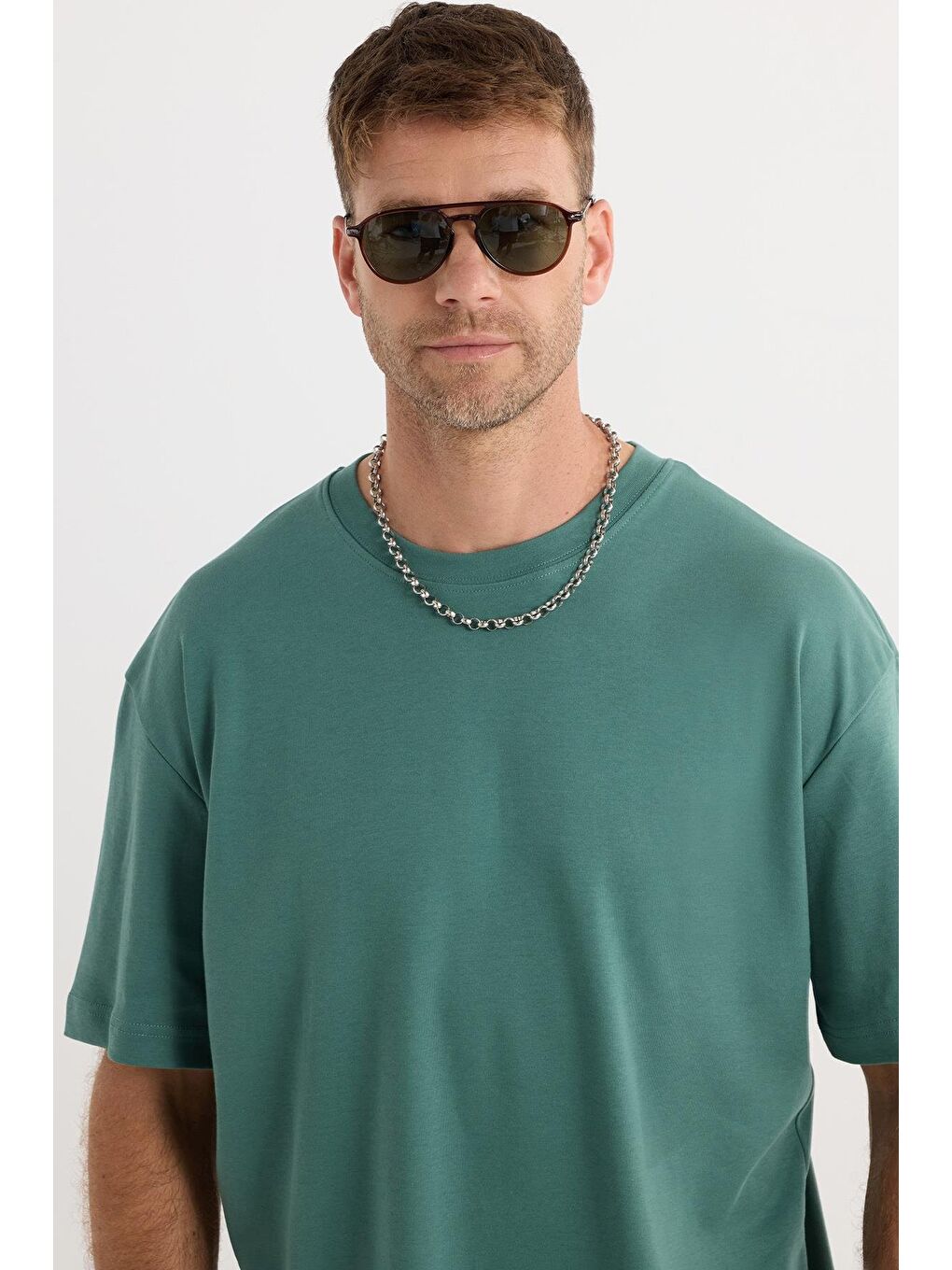 Unisex Oversize Geniş Kesim %100 Pamuk Yumuşak Dokulu Basic Bisiklet Yaka Yeşil Tişört-3