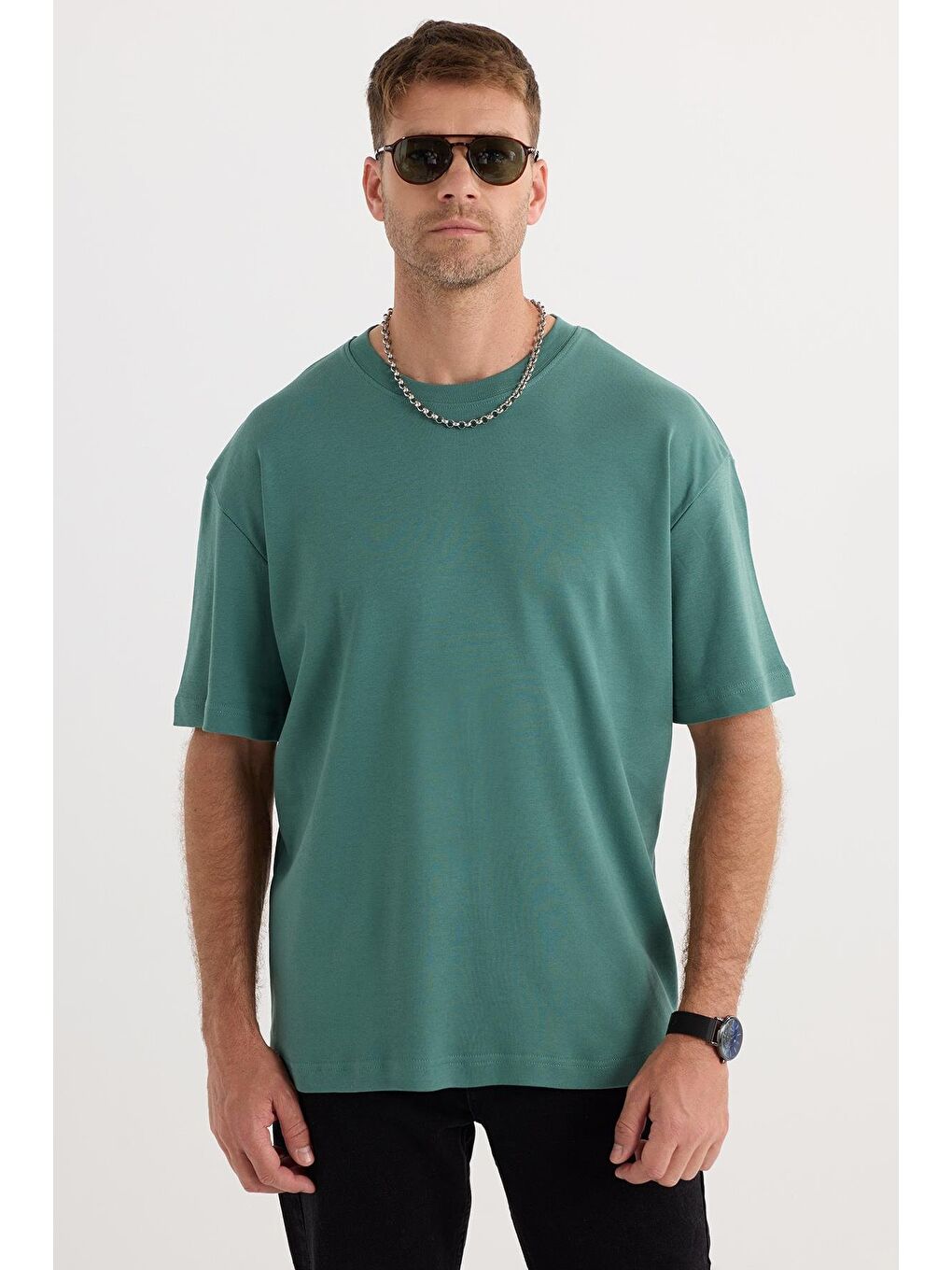 Unisex Oversize Geniş Kesim %100 Pamuk Yumuşak Dokulu Basic Bisiklet Yaka Yeşil Tişört-4