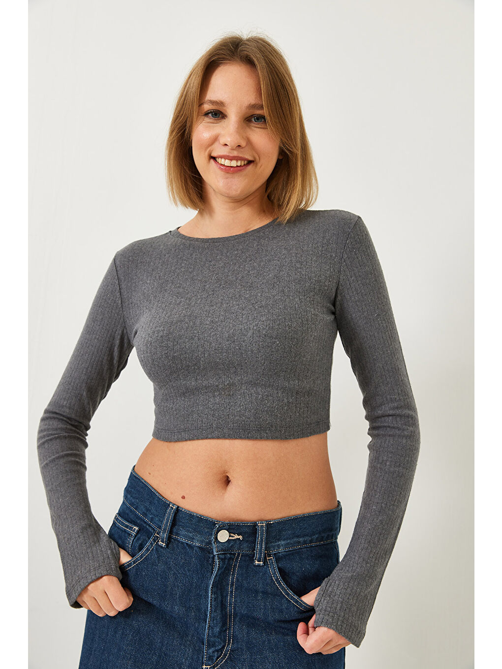 Antrasit Kadın Parmak Geçirmeli Fitilli Bluz-1