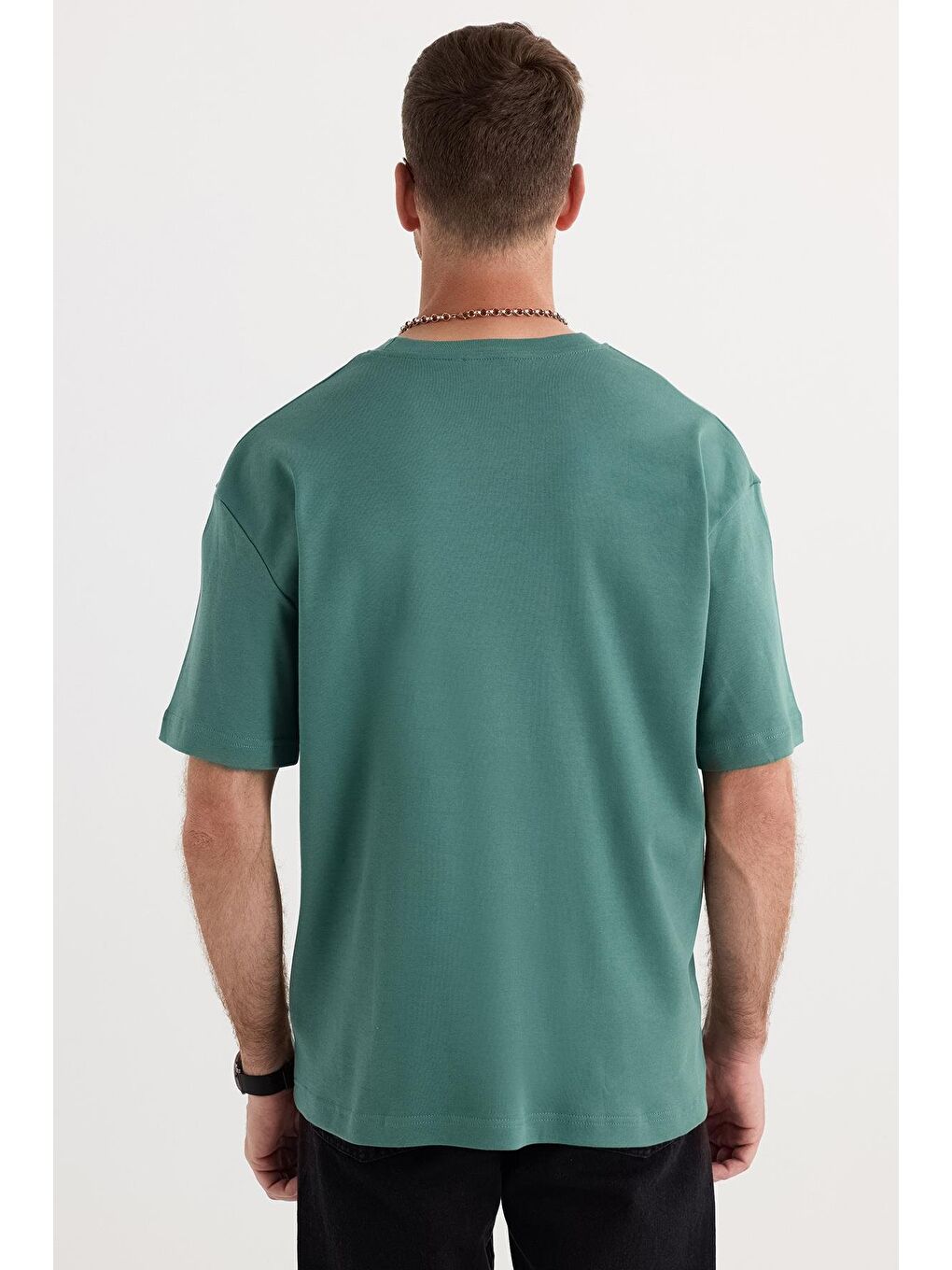 Unisex Oversize Geniş Kesim %100 Pamuk Yumuşak Dokulu Basic Bisiklet Yaka Yeşil Tişört-6