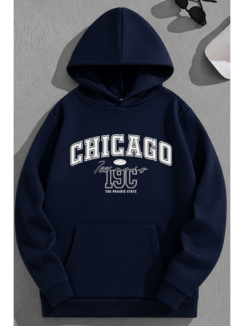 Unisex 3 İplik Pamuklu Lacivert Chicago19c Baskı Bol Kalıp Sweatshirt Hoodie