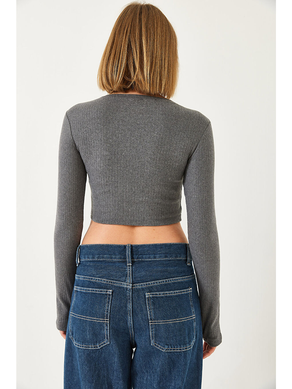 Antrasit Kadın Parmak Geçirmeli Fitilli Bluz-5