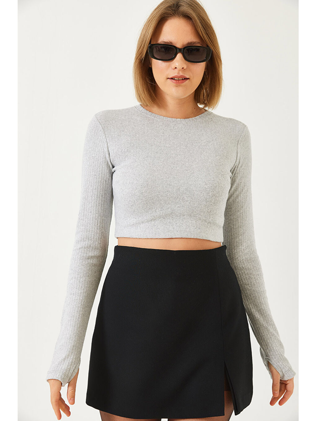 Gri Kadın Parmak Geçirmeli Fitilli Bluz-1