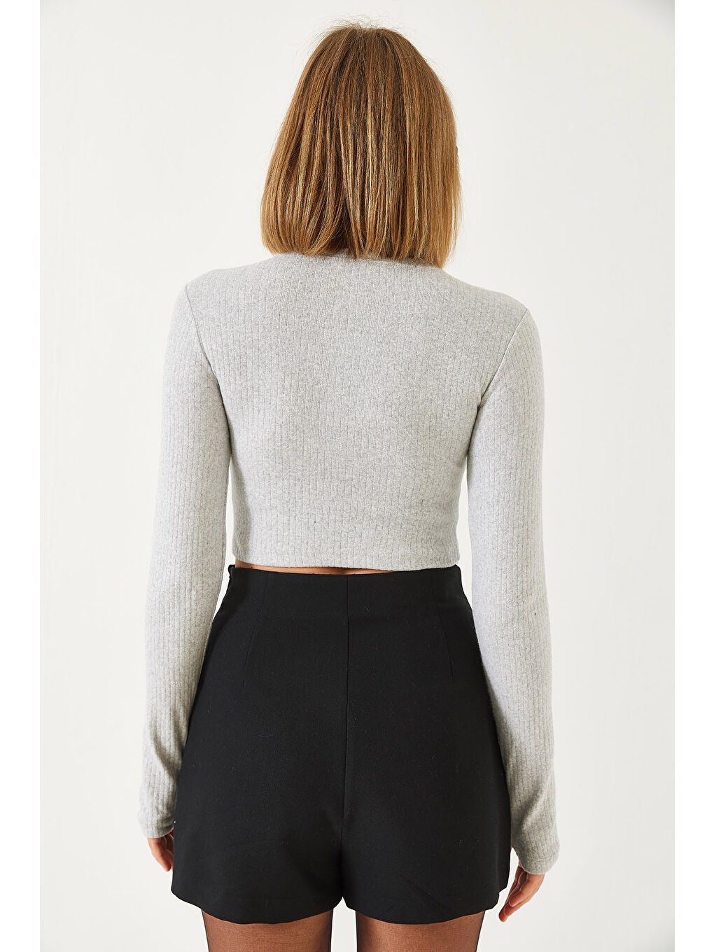 Gri Kadın Parmak Geçirmeli Fitilli Bluz-5