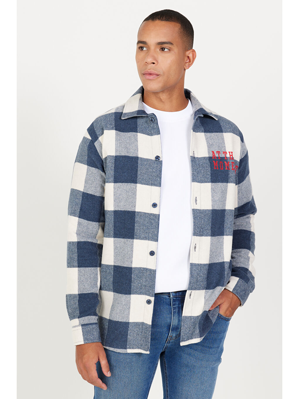 Erkek Lacivert-Bej Comfort Fit Rahat Kesim Düğmeli Yaka Kareli Gömlek-1