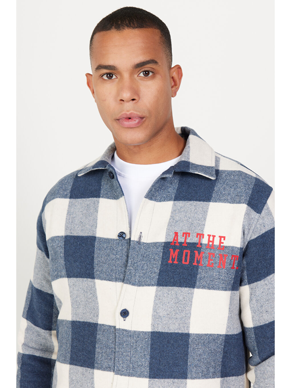 Erkek Lacivert-Bej Comfort Fit Rahat Kesim Düğmeli Yaka Kareli Gömlek-2