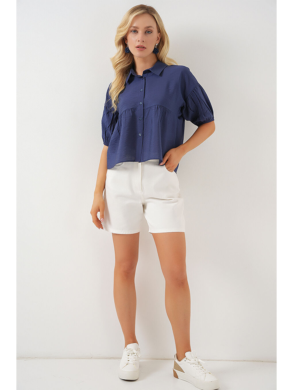Kadın Kısa Kol Crop Gömlek 20335 - İndigo-1