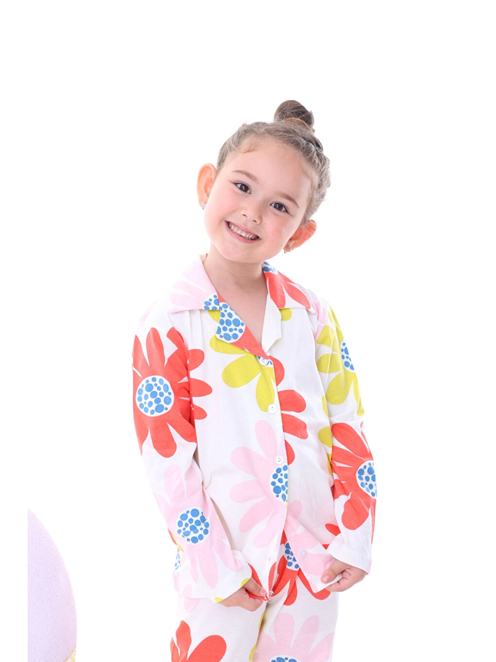 Ekru Çiçek Desenli Yakalı Kız Çocuk Pijama Takımı 35201-1
