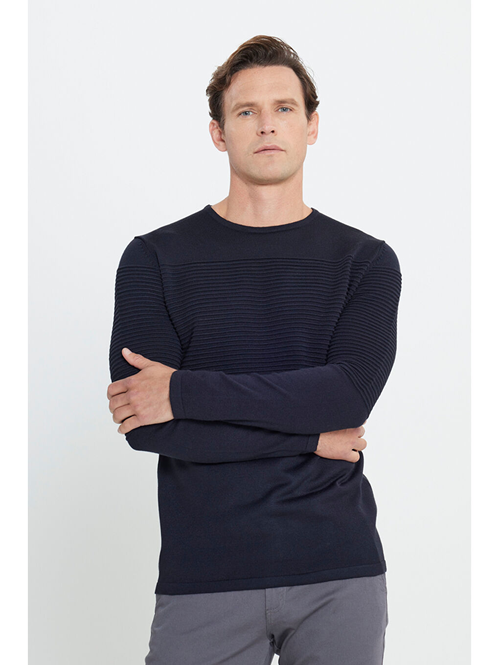 Erkek Lacivert Standart Fit Bisiklet Yaka Triko Kazak-2