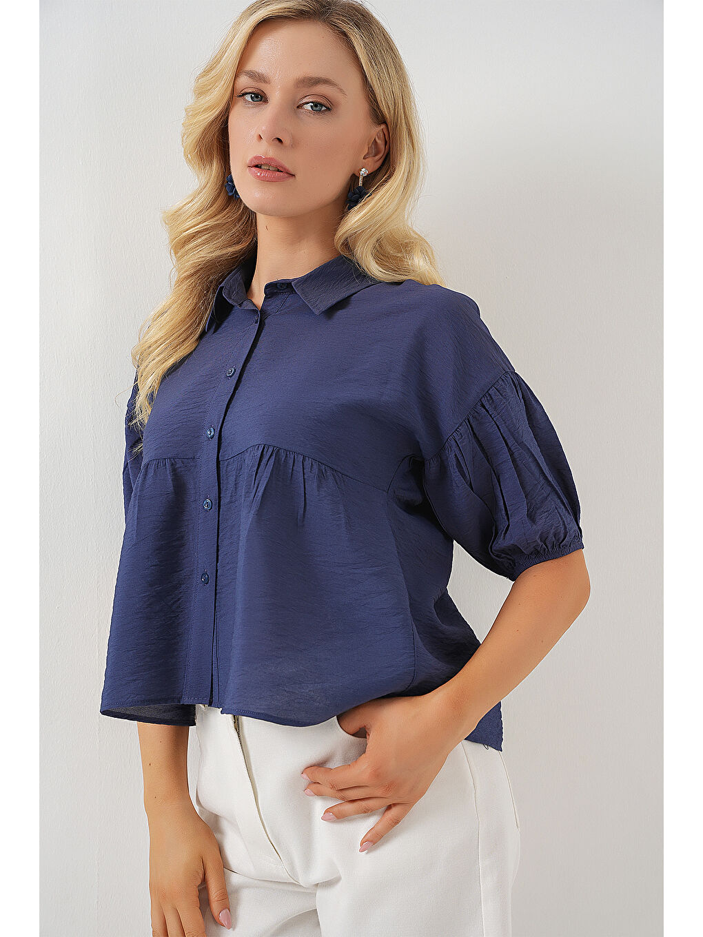 Kadın Kısa Kol Crop Gömlek 20335 - İndigo-2