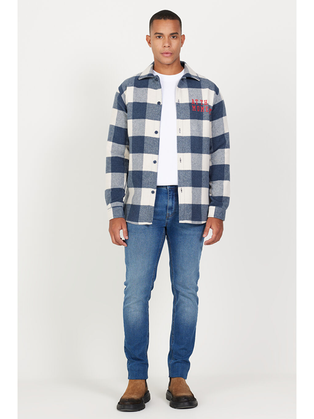 Erkek Lacivert-Bej Comfort Fit Rahat Kesim Düğmeli Yaka Kareli Gömlek-3