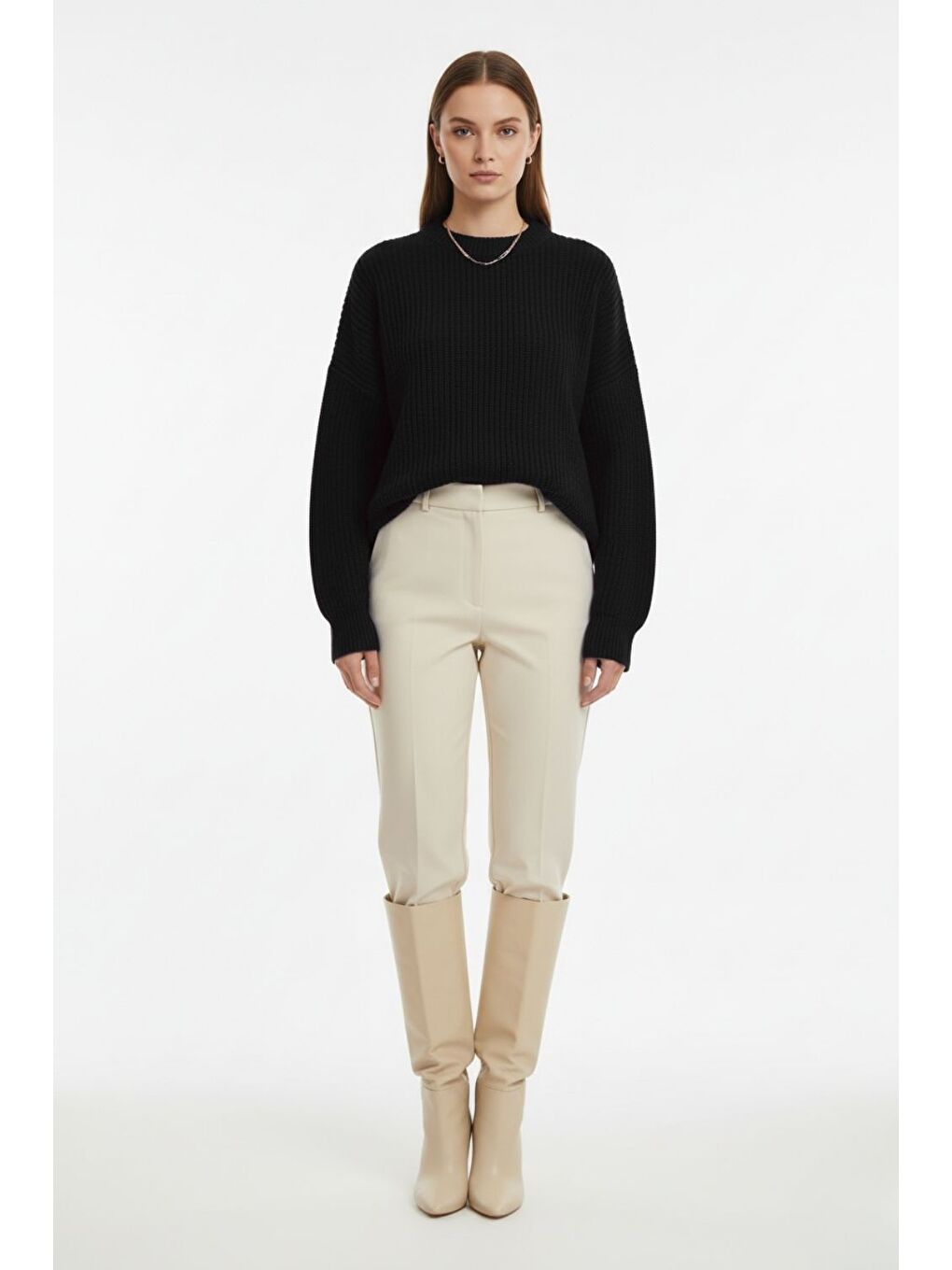 Ekstra Oversize Düşük Kollu Selanik Örgü Siyah Kazak-1