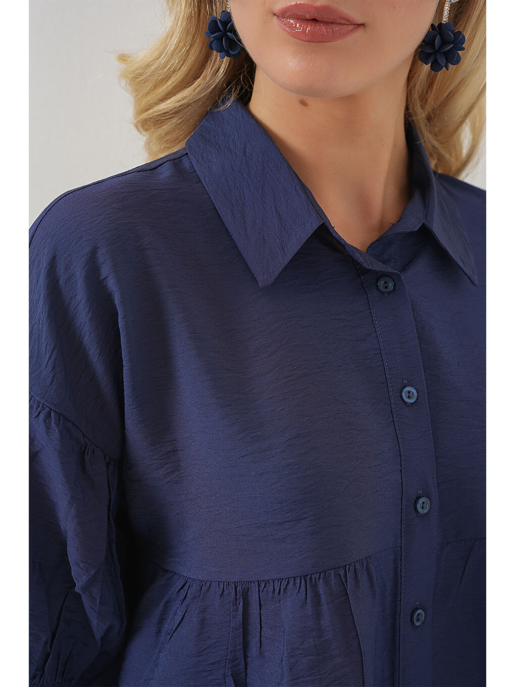 Kadın Kısa Kol Crop Gömlek 20335 - İndigo-4