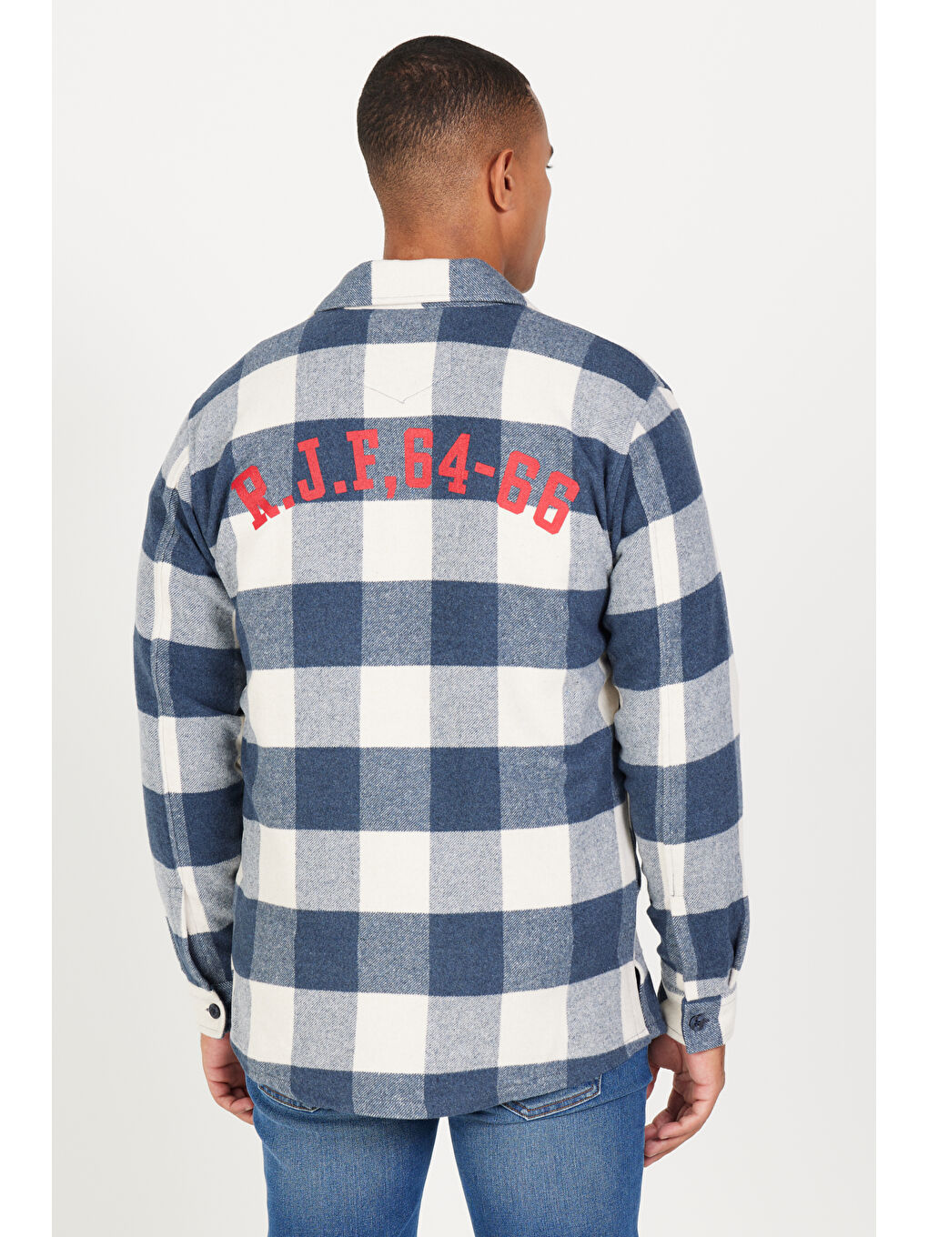 Erkek Lacivert-Bej Comfort Fit Rahat Kesim Düğmeli Yaka Kareli Gömlek-4