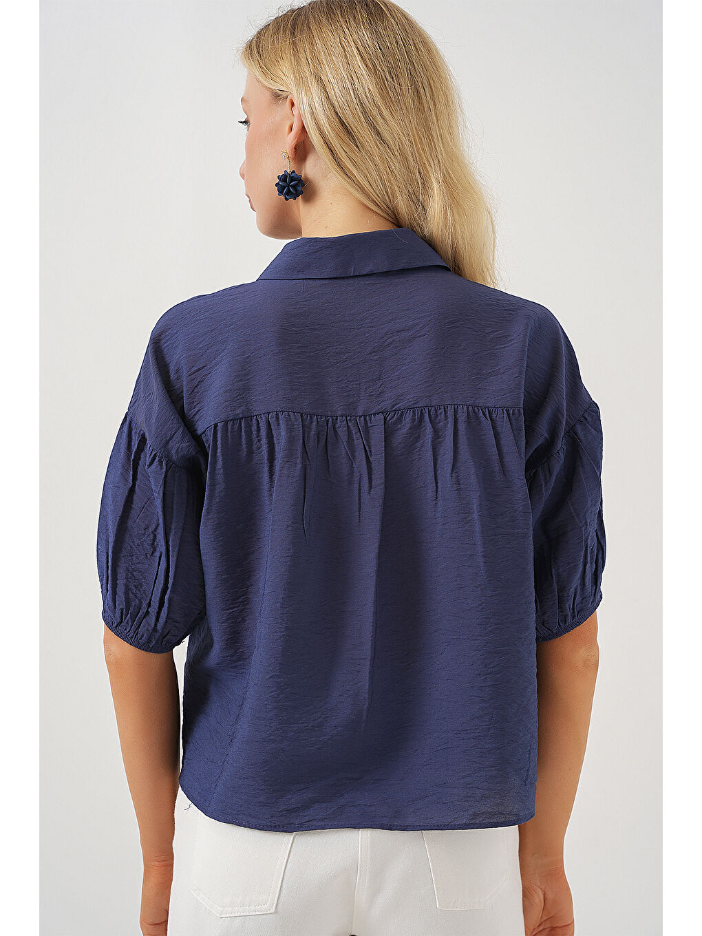 Kadın Kısa Kol Crop Gömlek 20335 - İndigo-5