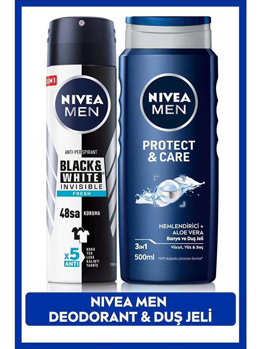 NIVEA Şeffaf MEN Erkek Sprey Deodorant Black&White Invisible Fresh 150ml ve Protect&Care Erkek Duş Jeli 500ml