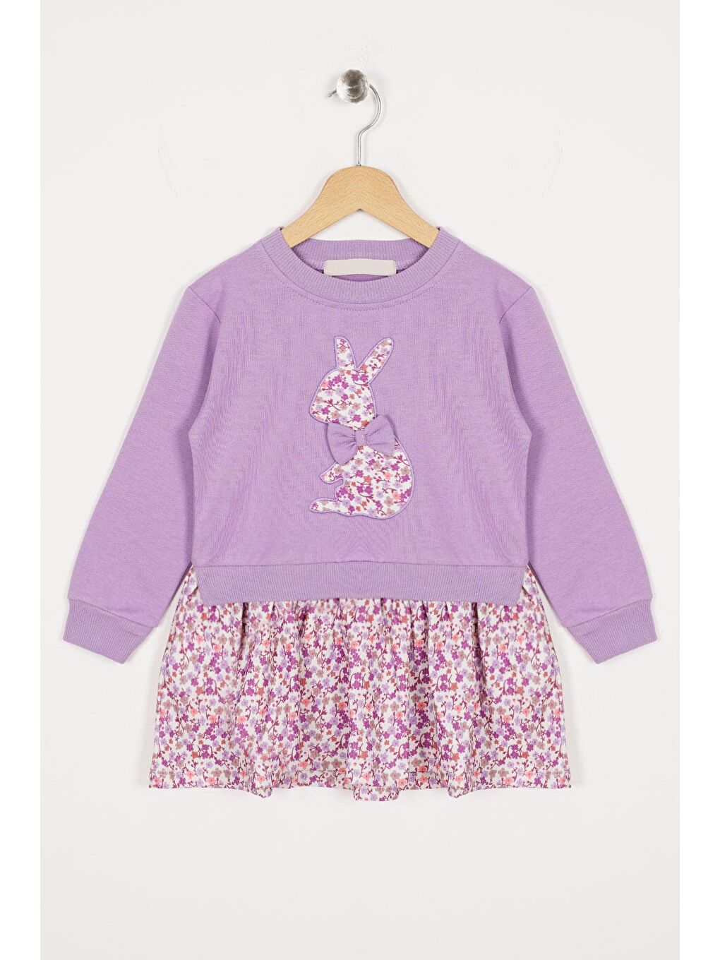 Bisiklet Yaka Uzun Kol Tavsan Baskılı Lila Renk Kız Çocuk Etekli Takım