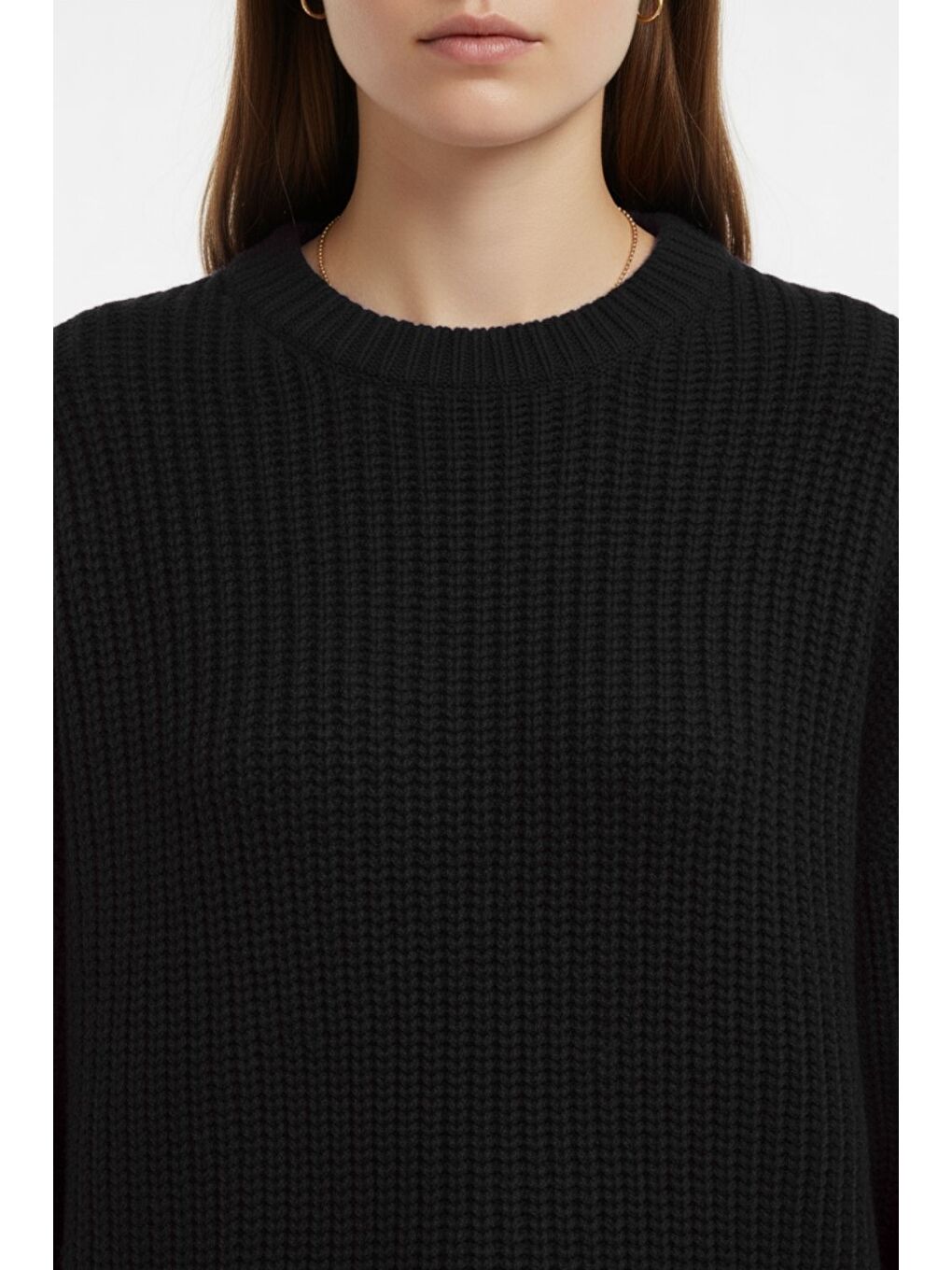 Ekstra Oversize Düşük Kollu Selanik Örgü Siyah Kazak-4