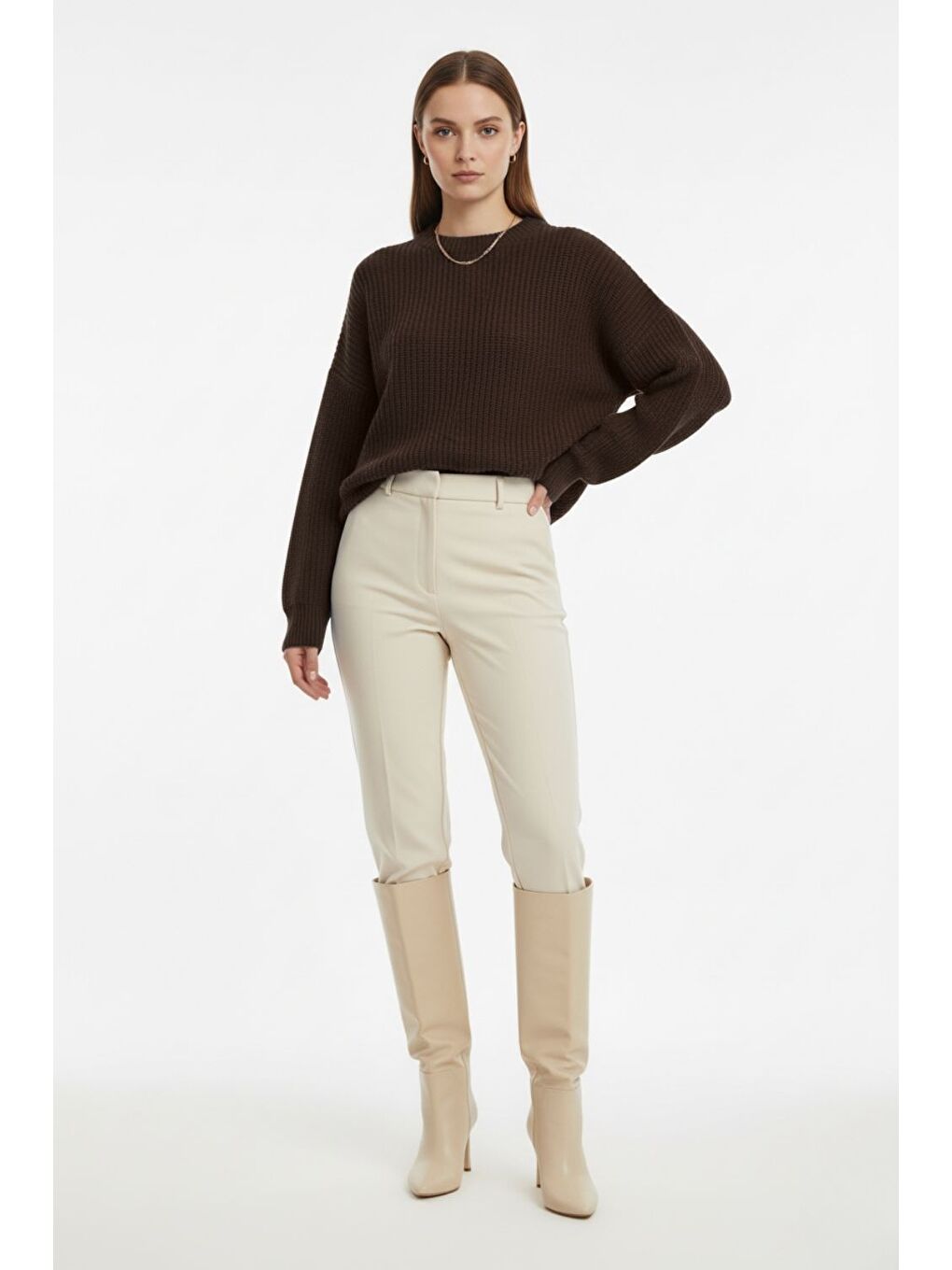 Ekstra Oversize Düşük Kollu Selanik Örgü Kahverengi-1