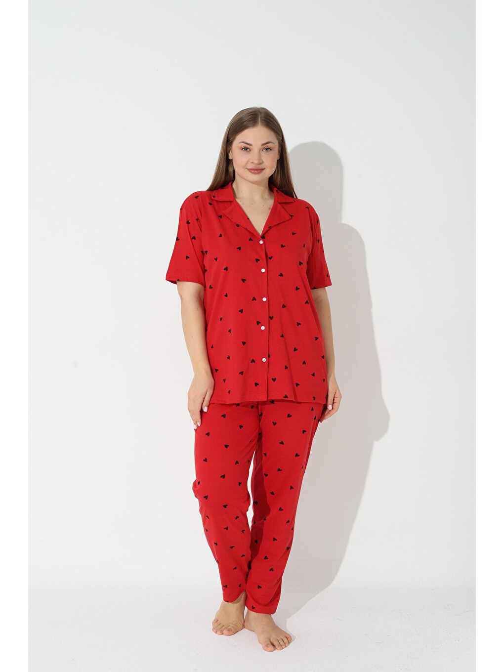 Kırmızı Curve Büyük Beden Battal Boy Kısa Kollu Düğmeli Pamuklu Pijama Takımı-1